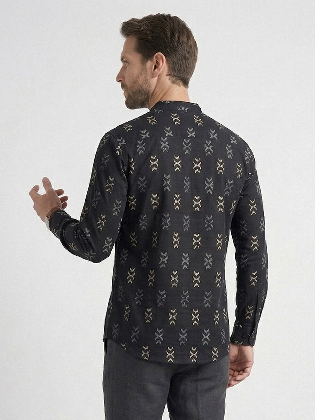 RAY LIGHT Men's Geometric Tribal Print Cotton Short Kurta – Black
