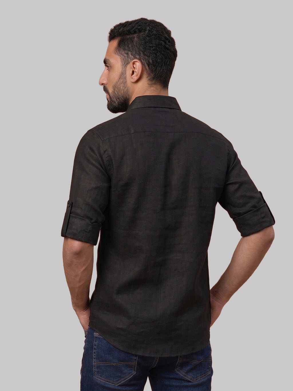 RAY LIGHT Men's Essential Solid Cotton Short Kurta – Black with Roll-Up Sleeves