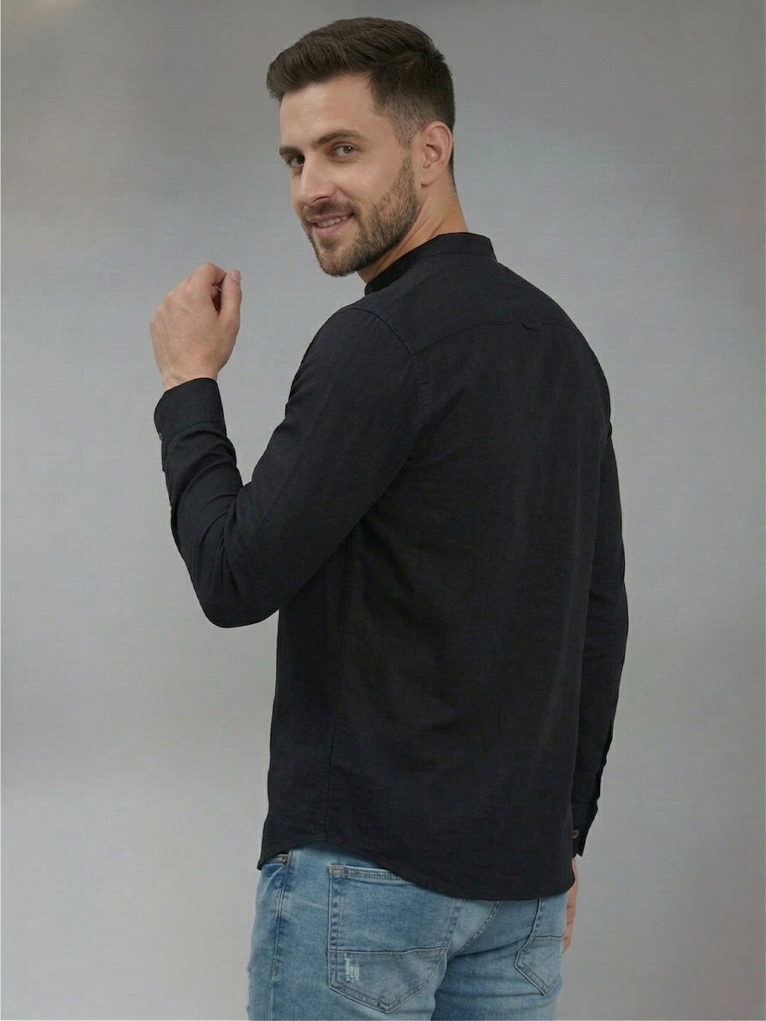RAY LIGHT Men's Modern Solid Casual Shirt – Chinese Collar with Chest Pocket
