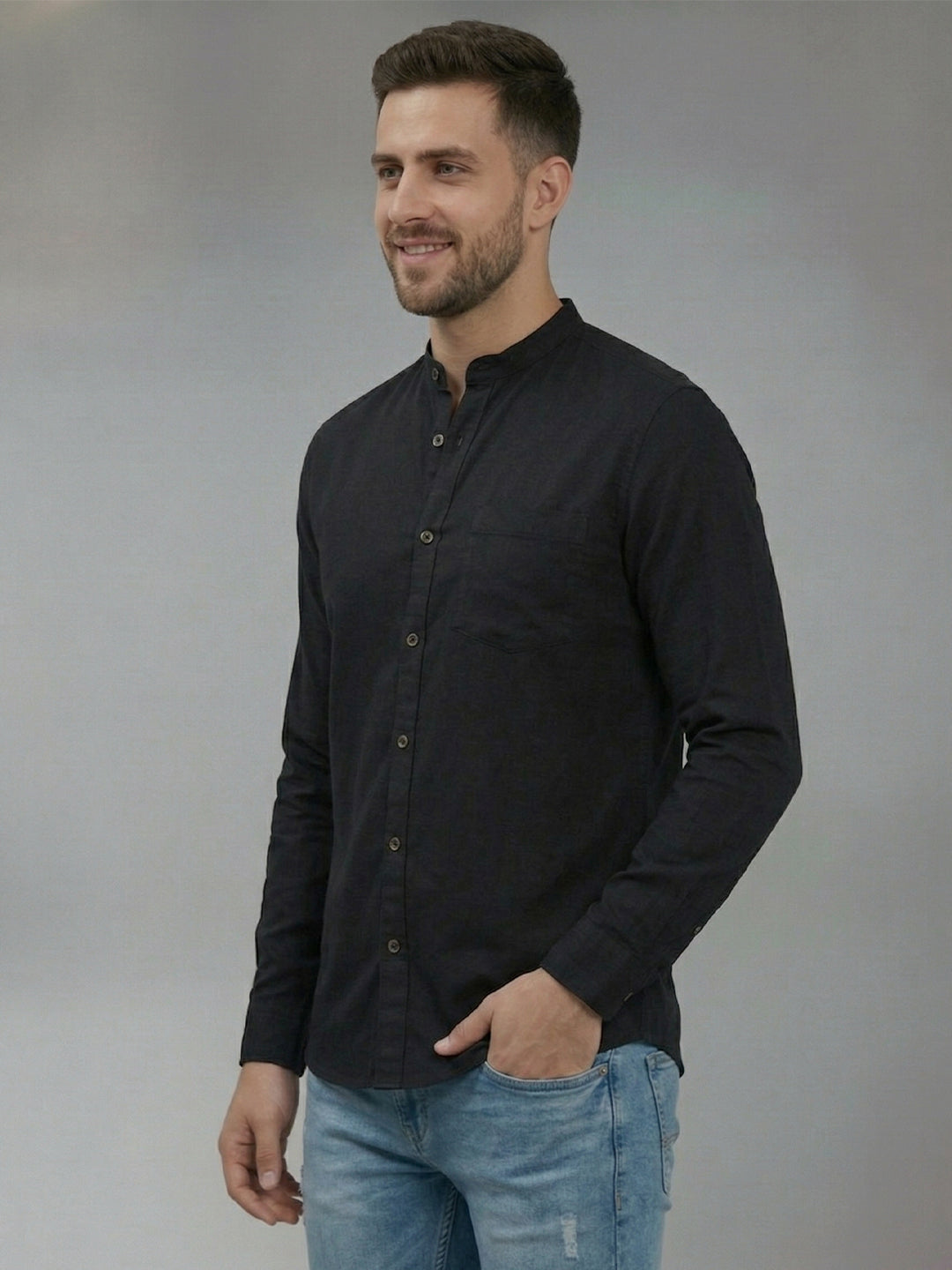 RAY LIGHT Men's Modern Solid Casual Shirt – Chinese Collar with Chest Pocket