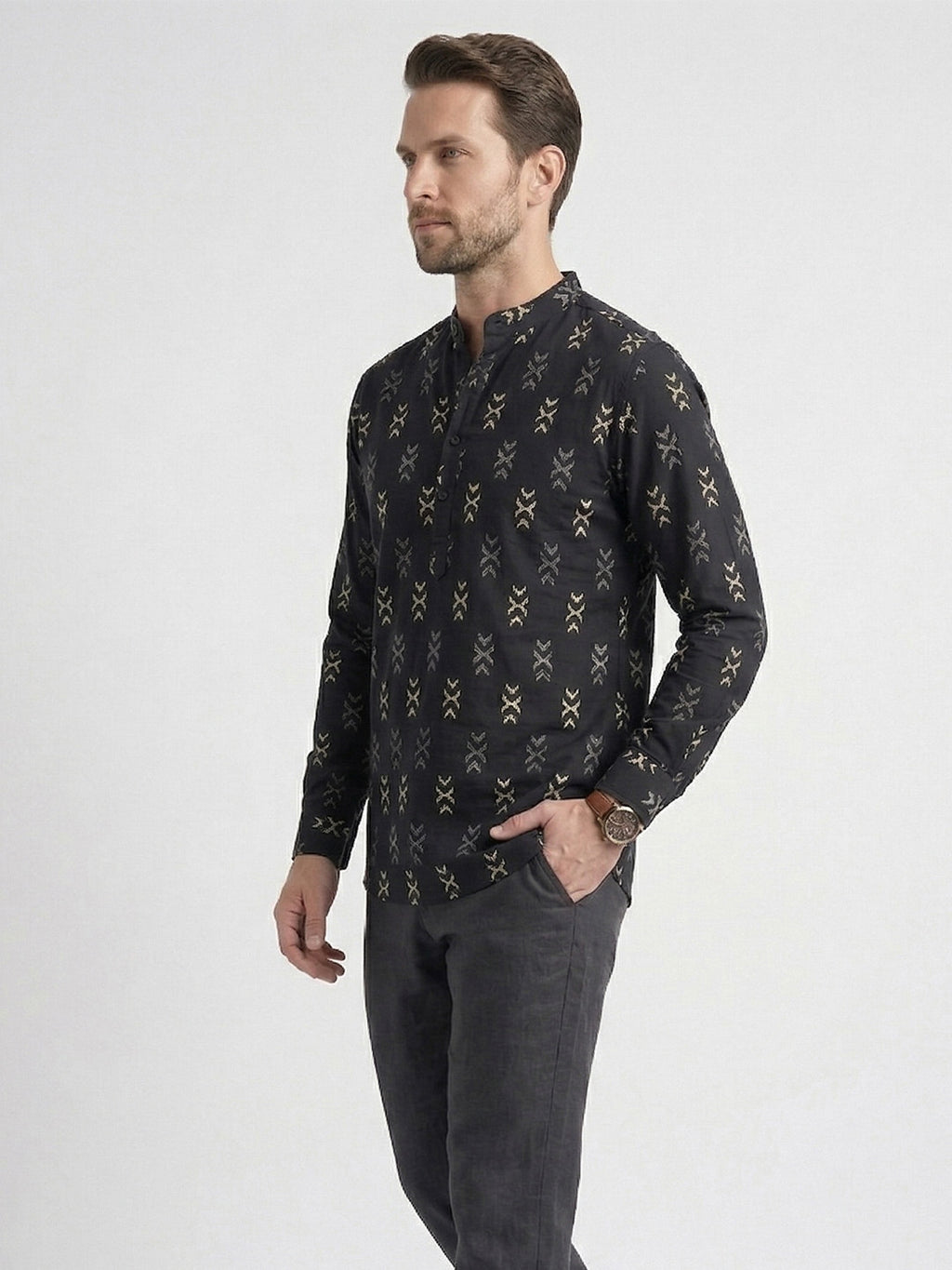 RAY LIGHT Men's Geometric Tribal Print Cotton Short Kurta – Black