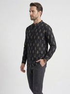 RAY LIGHT Men's Geometric Tribal Print Cotton Short Kurta – Black
