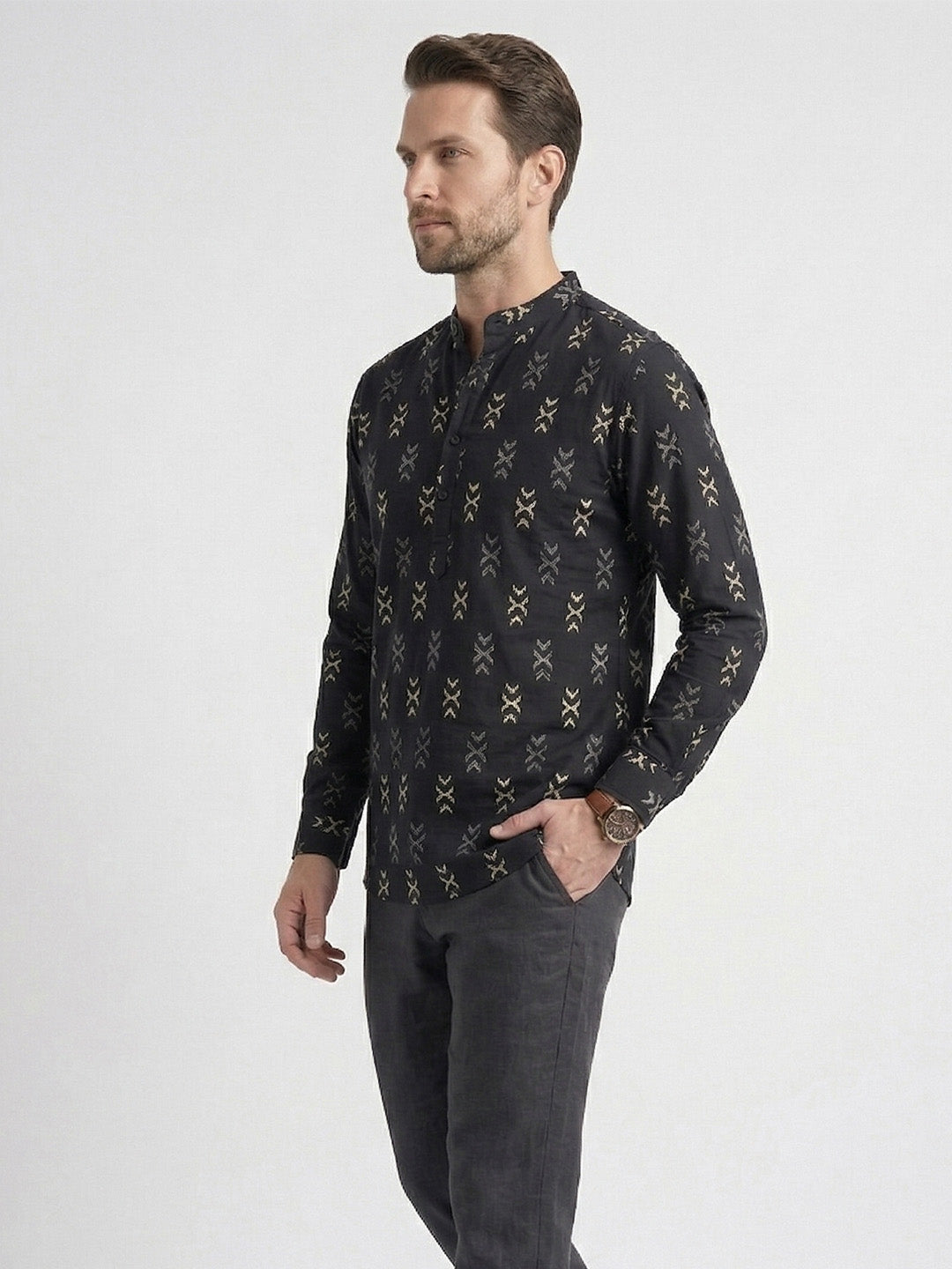 RAY LIGHT Men's Geometric Tribal Print Cotton Short Kurta – Black