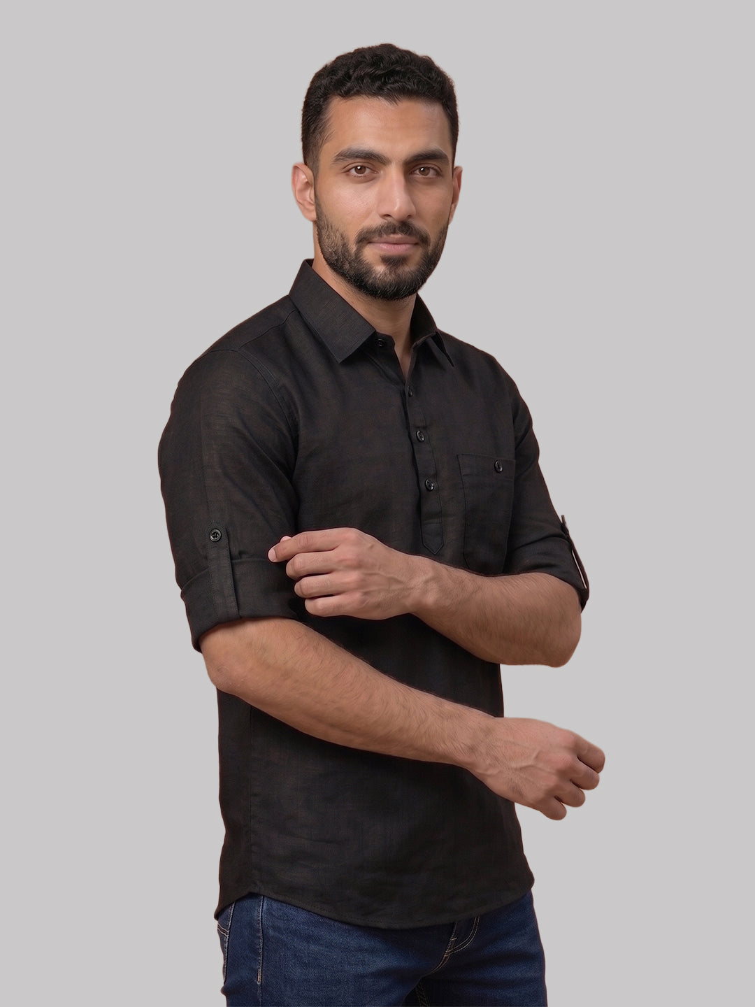 RAY LIGHT Men's Essential Solid Cotton Short Kurta – Black with Roll-Up Sleeves