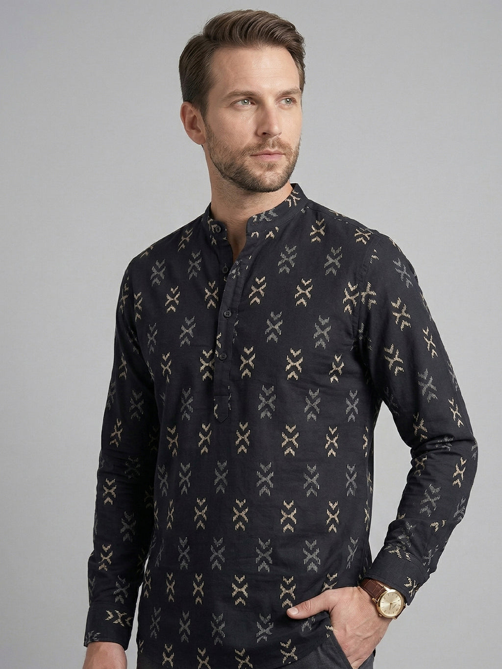 RAY LIGHT Men's Geometric Tribal Print Cotton Short Kurta – Black