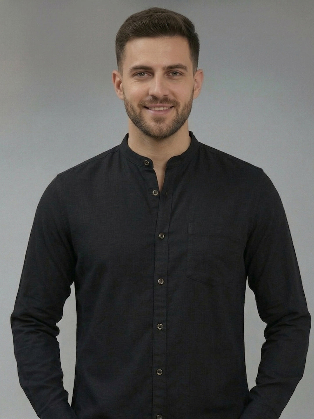 RAY LIGHT Men's Modern Solid Casual Shirt – Chinese Collar with Chest Pocket