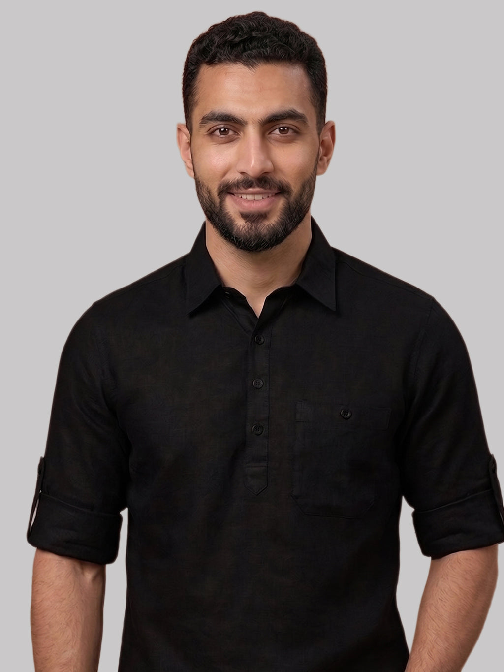 RAY LIGHT Men's Essential Solid Cotton Short Kurta – Black with Roll-Up Sleeves
