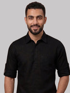 RAY LIGHT Men's Essential Solid Cotton Short Kurta – Black with Roll-Up Sleeves