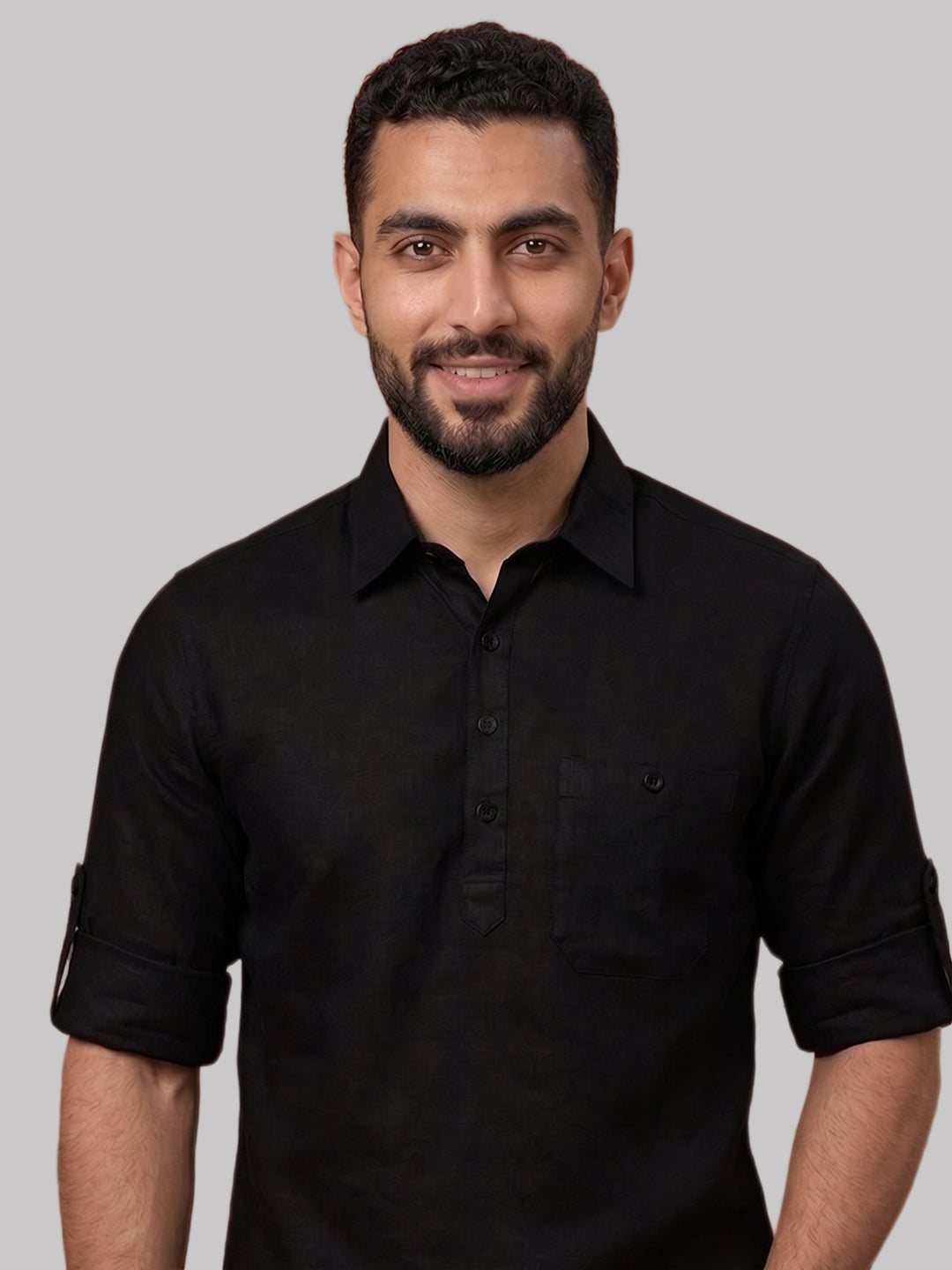 RAY LIGHT Men's Essential Solid Cotton Short Kurta – Black with Roll-Up Sleeves