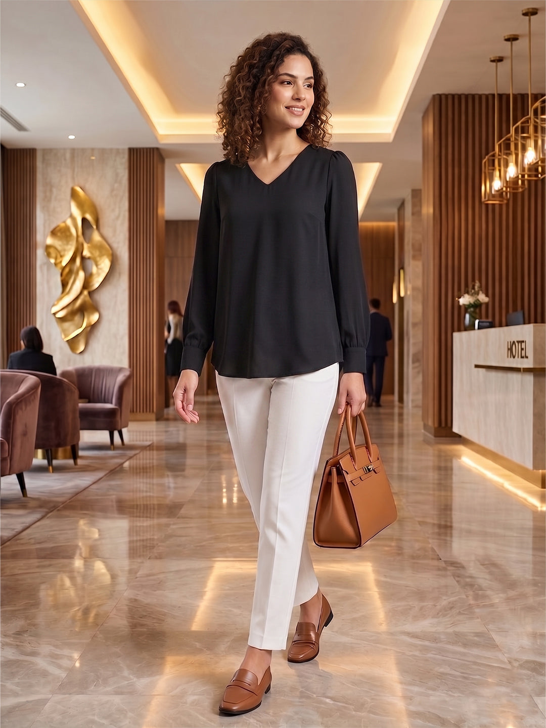Ray Light Women’s Black Crepe V-Neck Top | Full Sleeve Elegant Solid Casual & Formal Blouse Main image