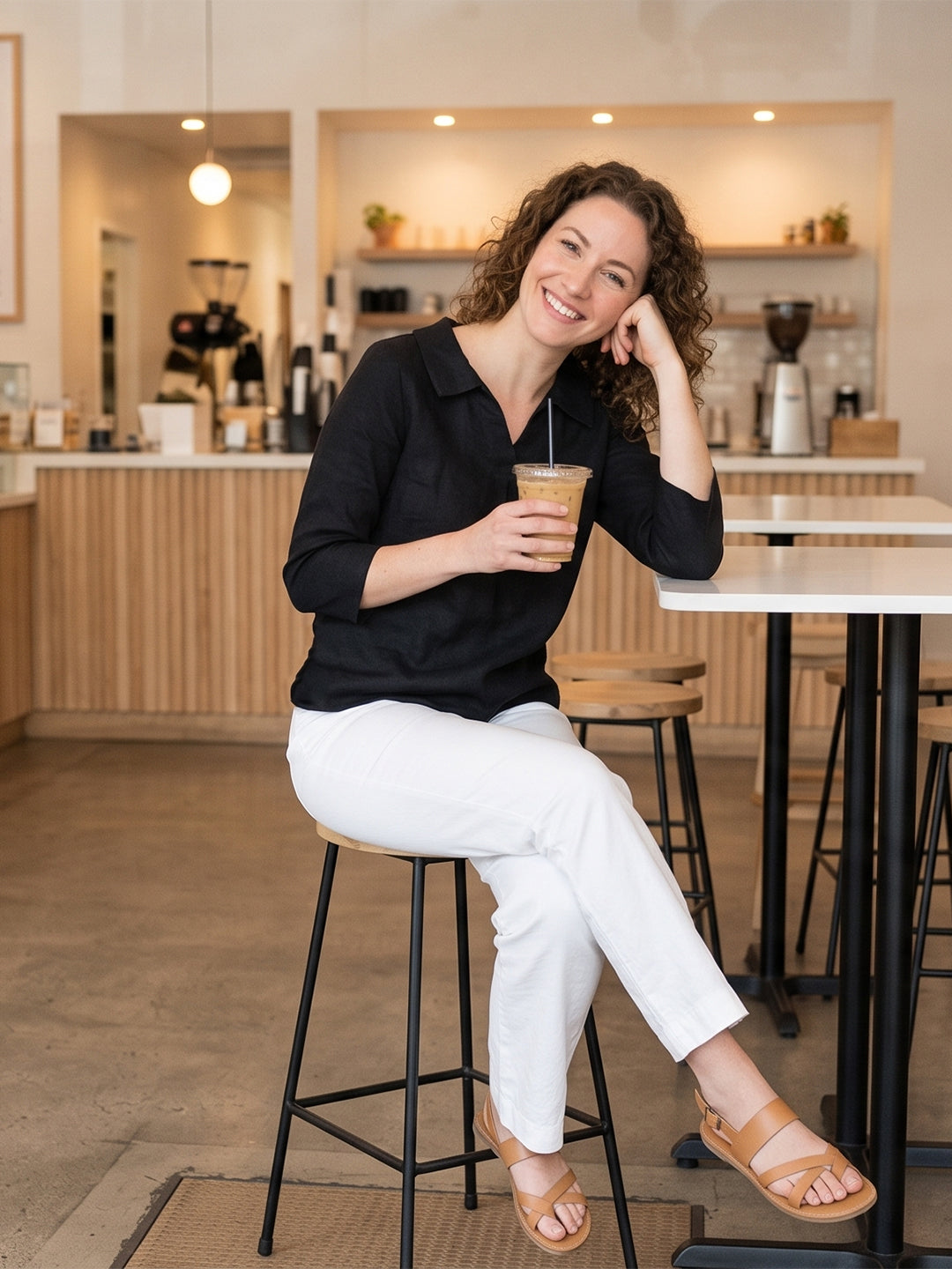 Ray Light Women’s Black Linen Top | Collared V-Neck 3/4 Sleeve Casual & Office Wear Main image