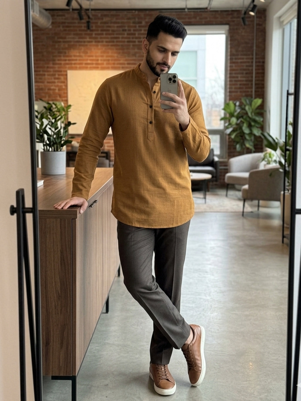 RAY LIGHT Men's Essential Solid Cotton Short Kurta – Sand Beige with Cuffless Sleeves
