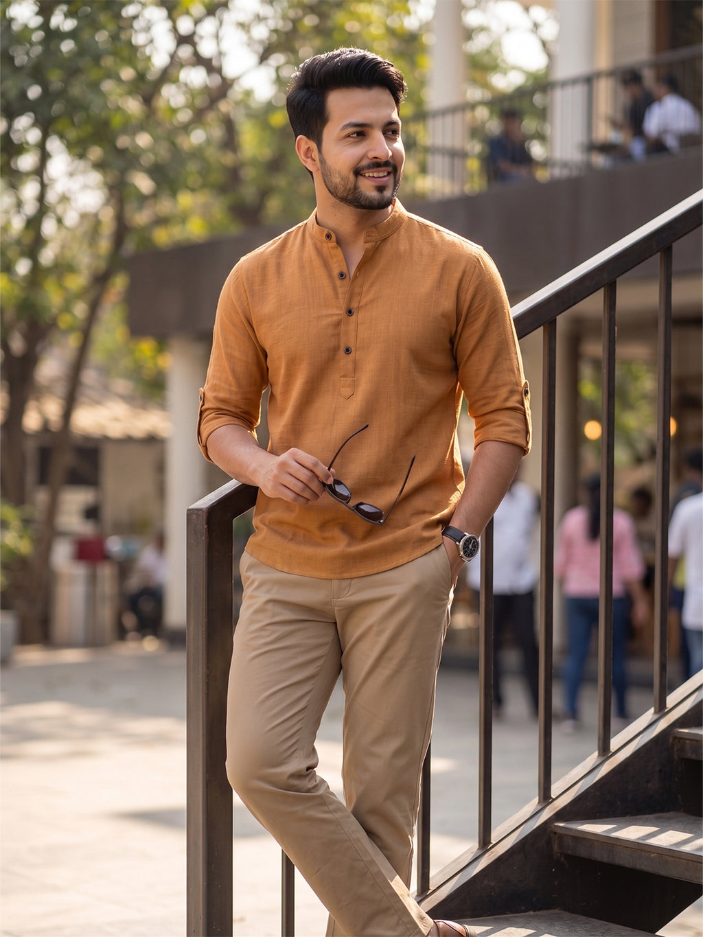 Men's Signature 100% Cotton Short Kurta | Mandarin Collar | RAY LIGHT