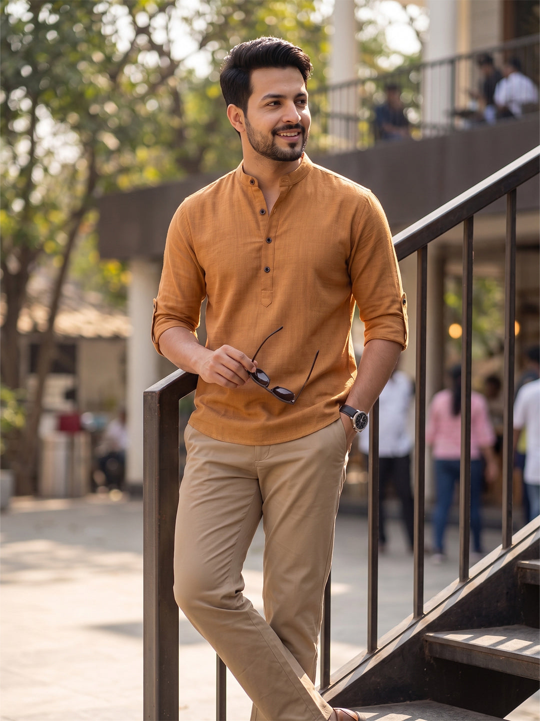 Men's Signature 100% Cotton Short Kurta | Mandarin Collar | RAY LIGHT