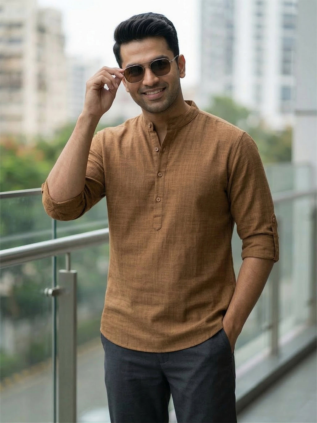 RAY LIGHT Men's 100% Cotton Solid Short Kurta – Mandarin Collar with Roll-Up Sleeves