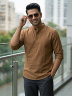 RAY LIGHT Men's 100% Cotton Solid Short Kurta – Mandarin Collar with Roll-Up Sleeves