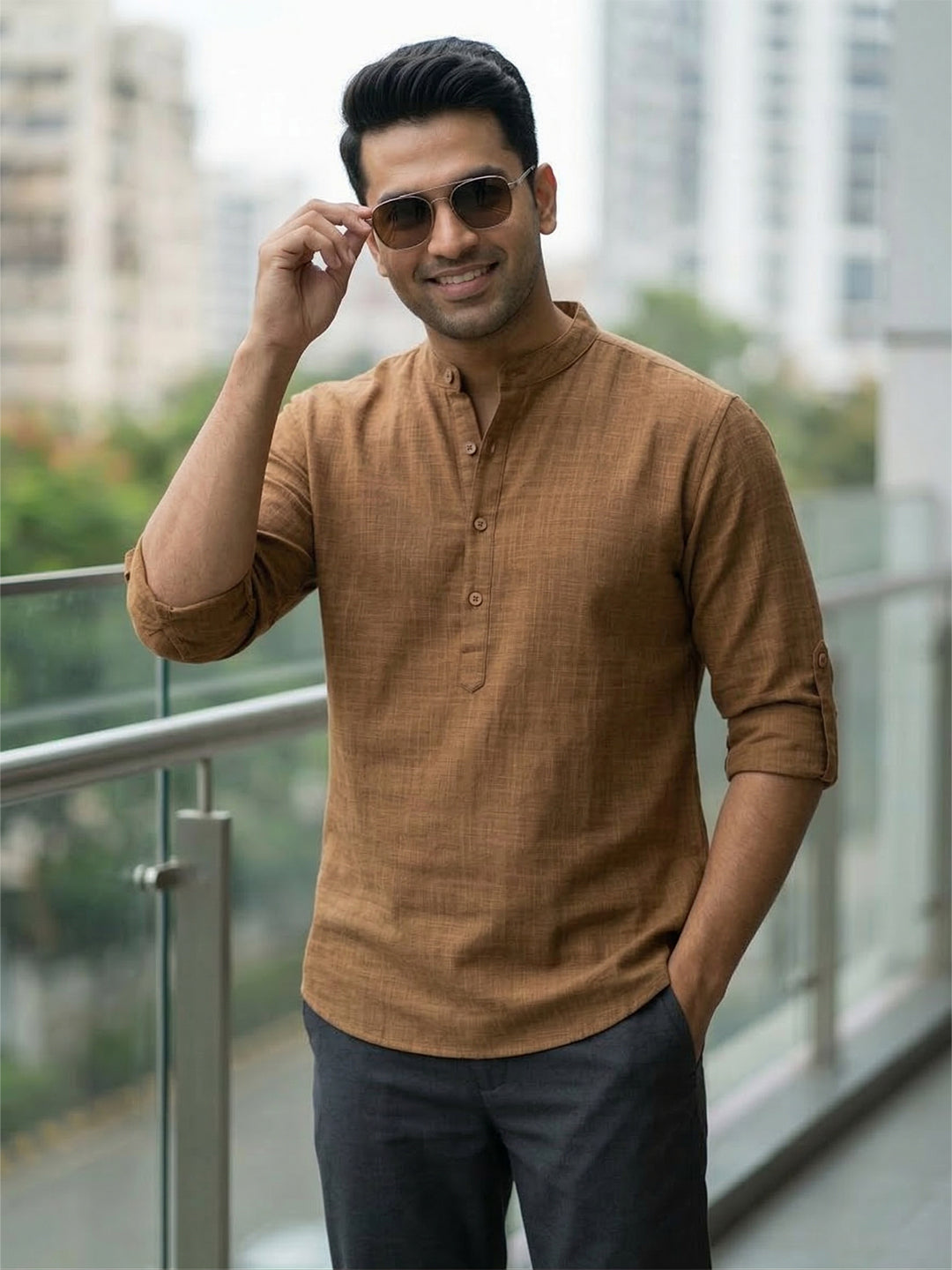 RAY LIGHT Men's 100% Cotton Solid Short Kurta – Mandarin Collar with Roll-Up Sleeves