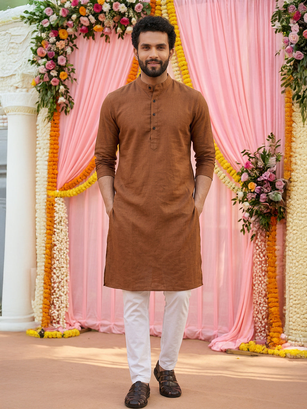 RAY LIGHT Men's Classic Solid Cotton Long Kurta – Dark Green with Dual Side Pockets