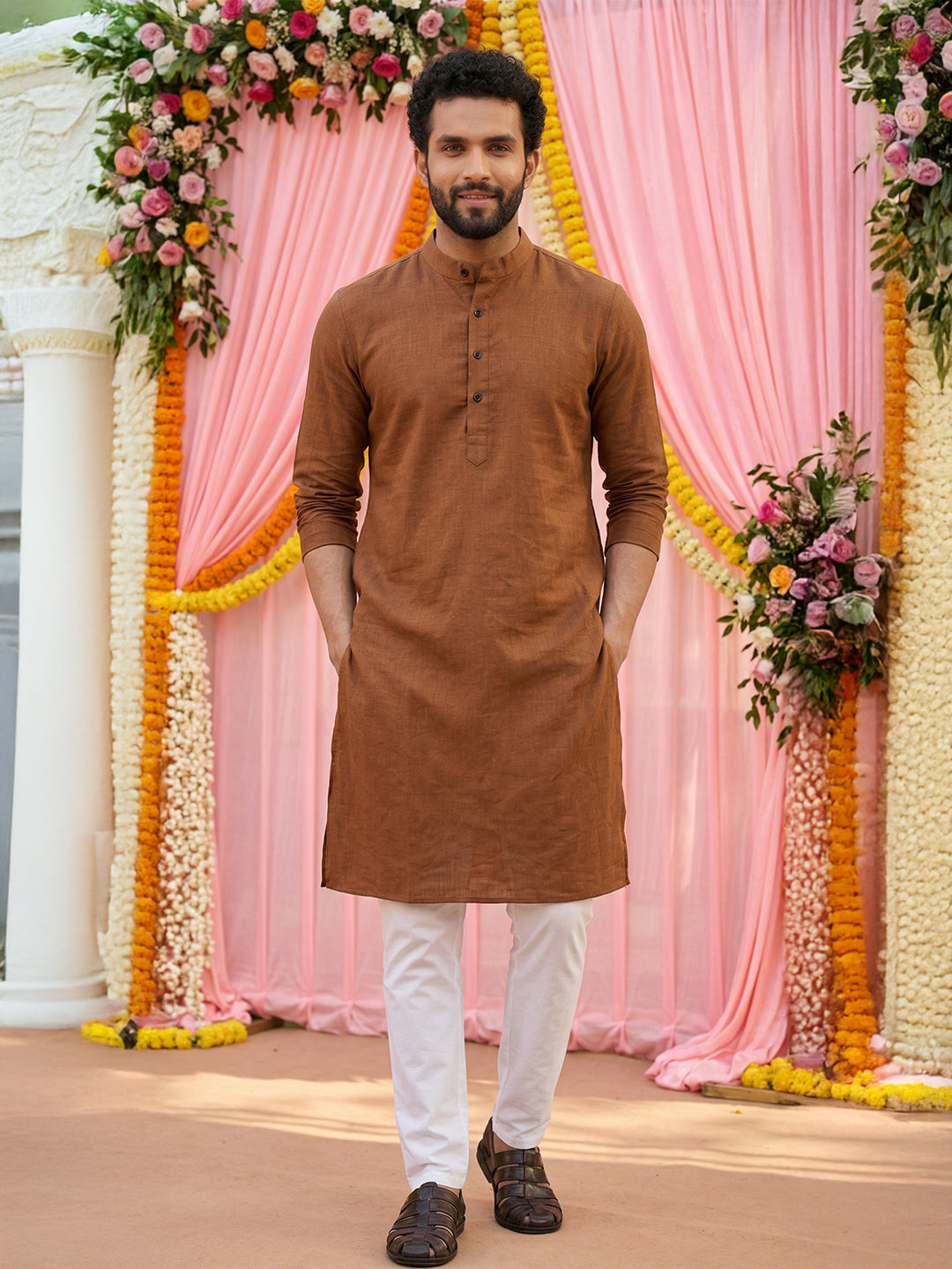 RAY LIGHT Men's Classic Solid Cotton Long Kurta – Dark Green with Dual Side Pockets