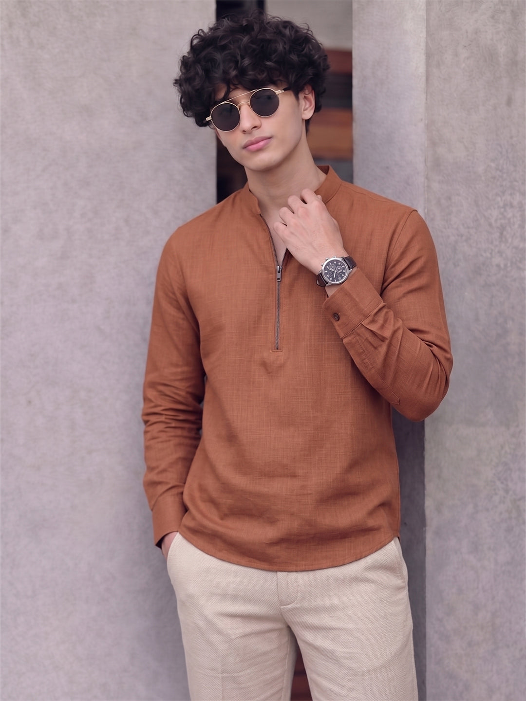 RAY LIGHT Men's Modern Zip-Neck Solid Cotton Short Kurta – Rust Brown