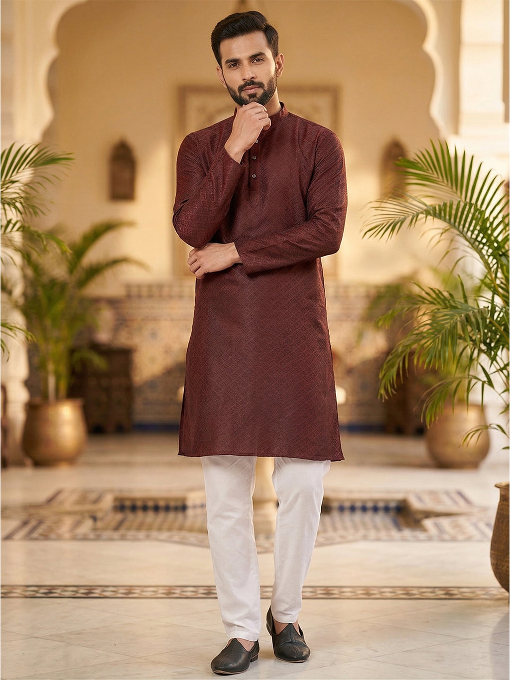 RAY LIGHT Men's Royal Jacquard Geometric Long Kurta – Deep Maroon