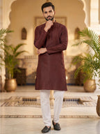 RAY LIGHT Men's Royal Jacquard Geometric Long Kurta – Deep Maroon