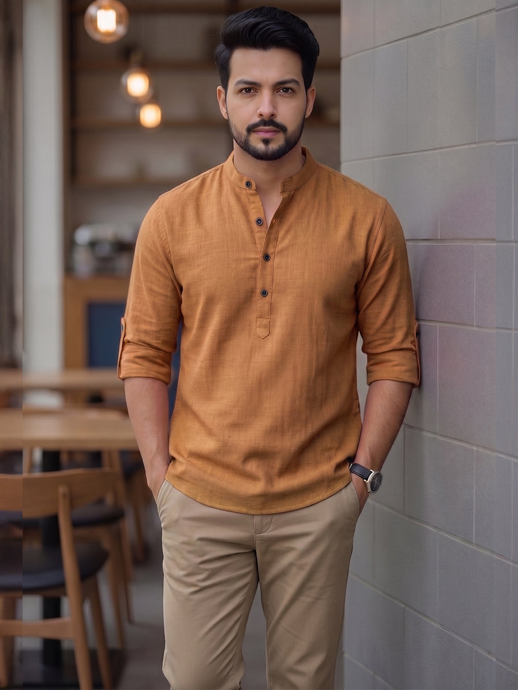 Men's Signature 100% Cotton Short Kurta | Mandarin Collar | RAY LIGHT