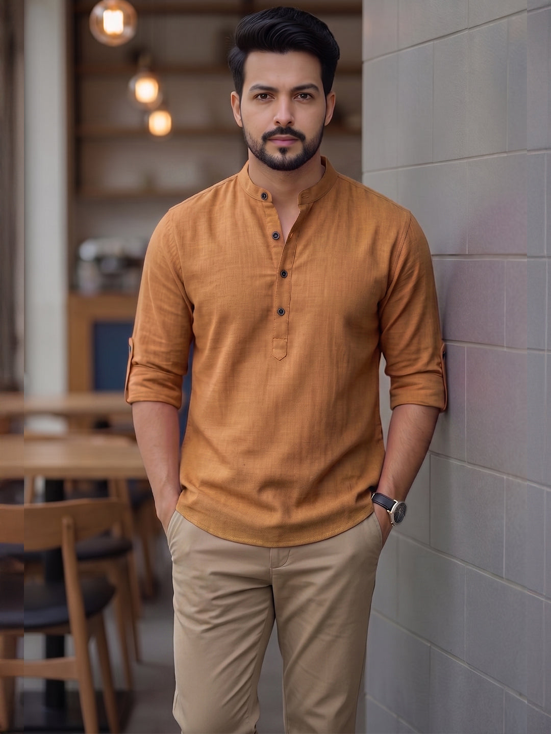 Men's Signature 100% Cotton Short Kurta | Mandarin Collar | RAY LIGHT