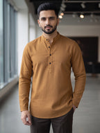 RAY LIGHT Men's Essential Solid Cotton Short Kurta – Sand Beige with Cuffless Sleeves