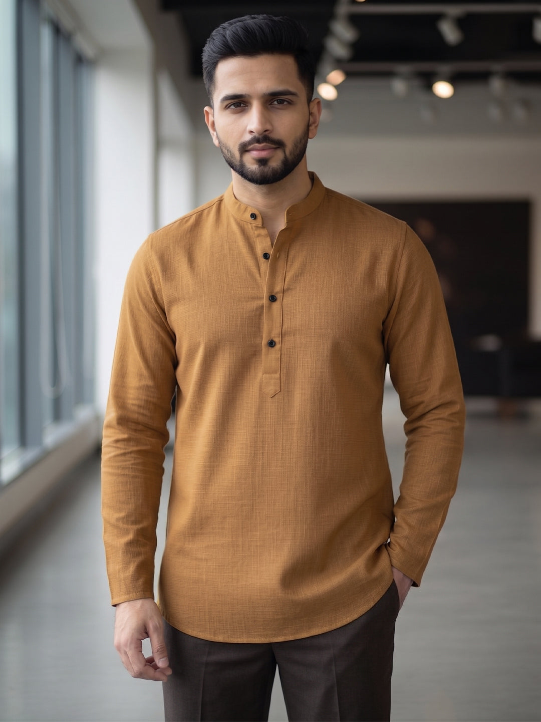 RAY LIGHT Men's Essential Solid Cotton Short Kurta – Sand Beige with Cuffless Sleeves