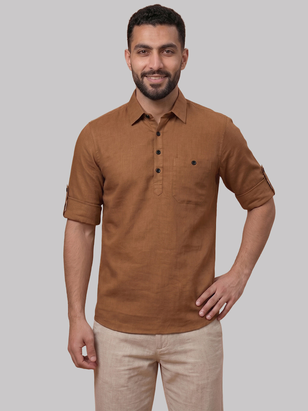 RAY LIGHT Men's Essential Solid Cotton Short Kurta – Black with Roll-Up Sleeves