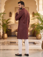 RAY LIGHT Men's Royal Jacquard Geometric Long Kurta – Deep Maroon