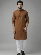 RAY LIGHT Men's Classic Solid Cotton Long Kurta – Dark Green with Dual Side Pockets