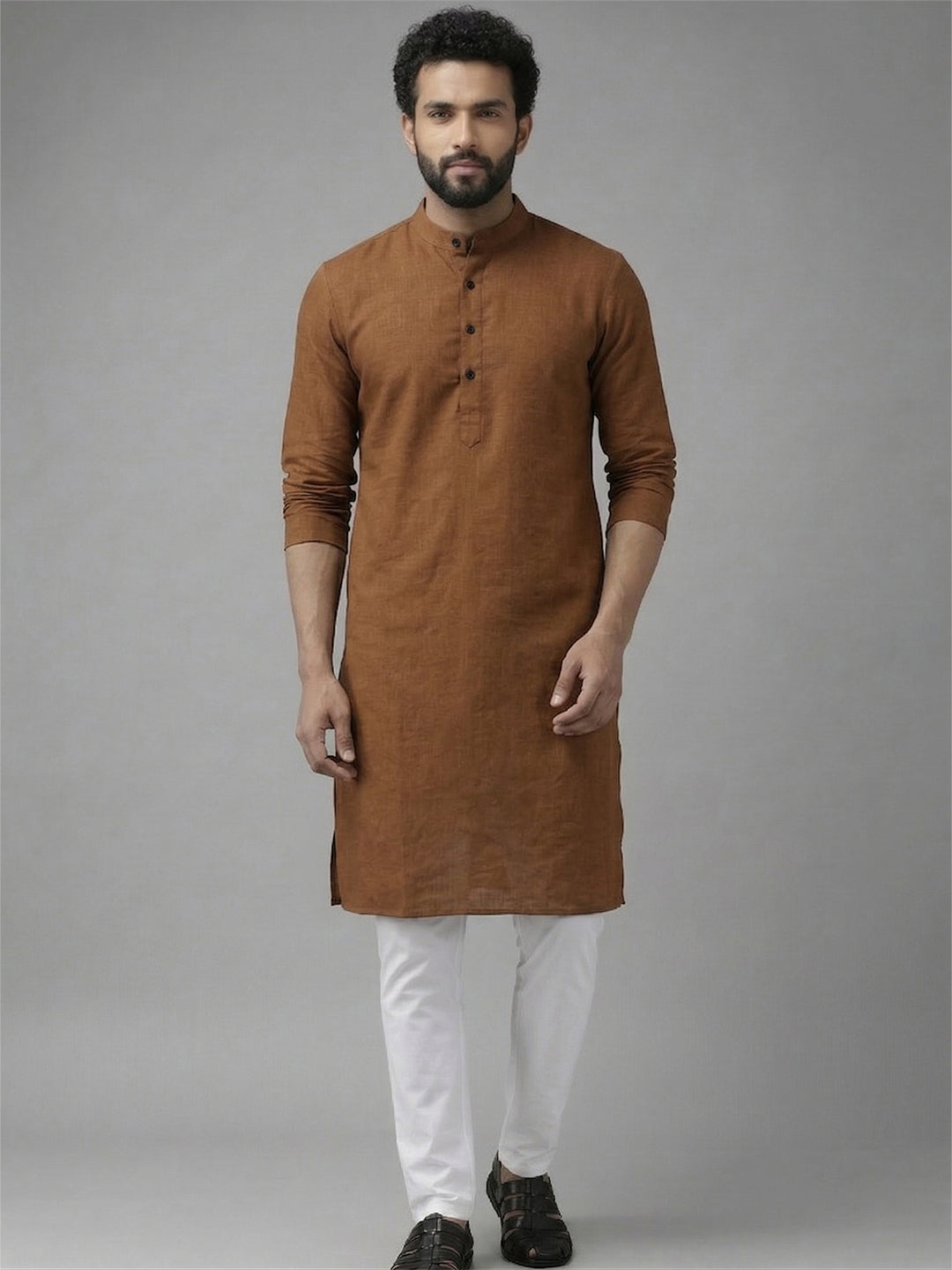 RAY LIGHT Men's Classic Solid Cotton Long Kurta – Dark Green with Dual Side Pockets