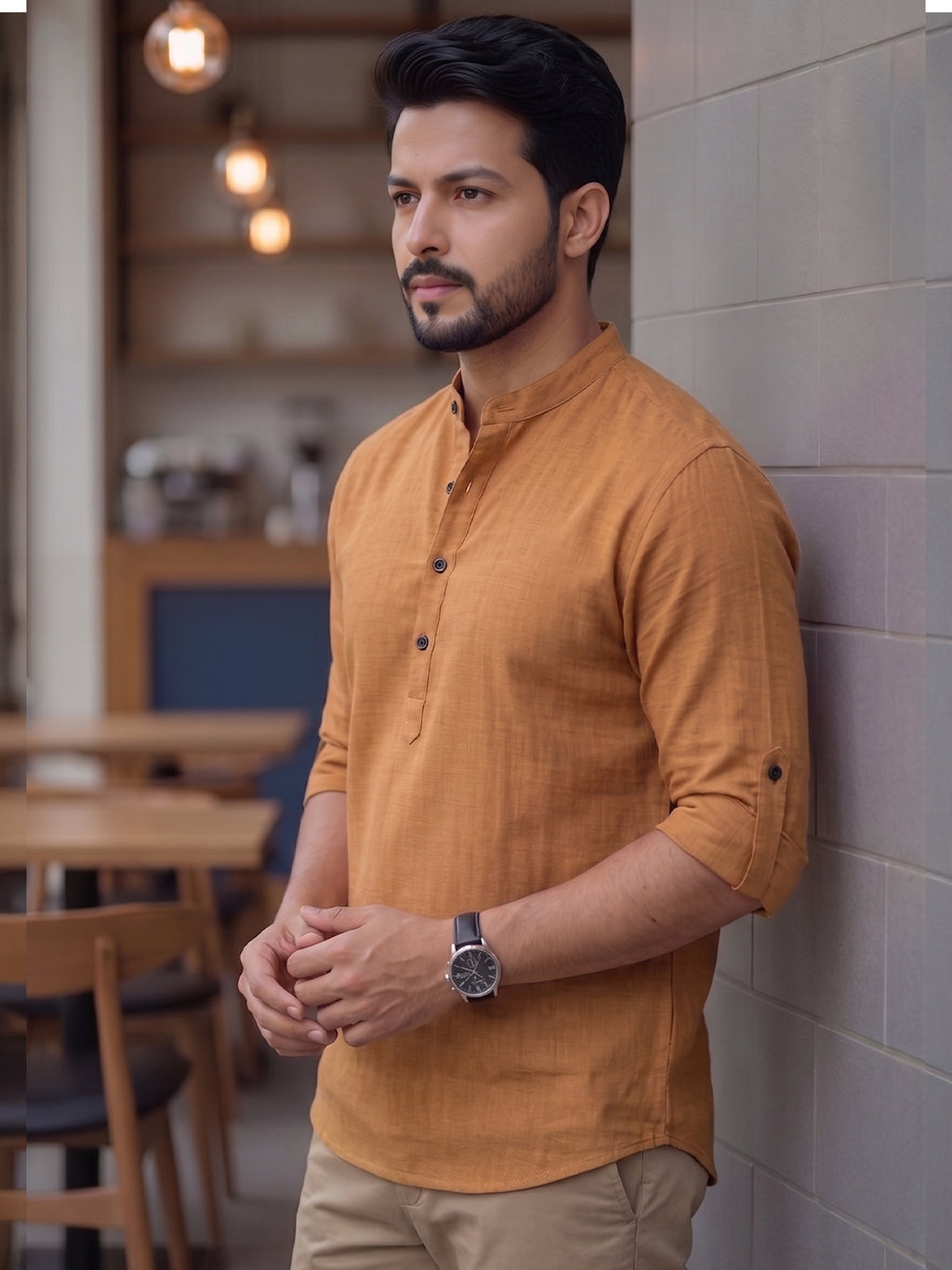 Men's Signature 100% Cotton Short Kurta | Mandarin Collar | RAY LIGHT