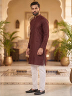 RAY LIGHT Men's Royal Jacquard Geometric Long Kurta – Deep Maroon