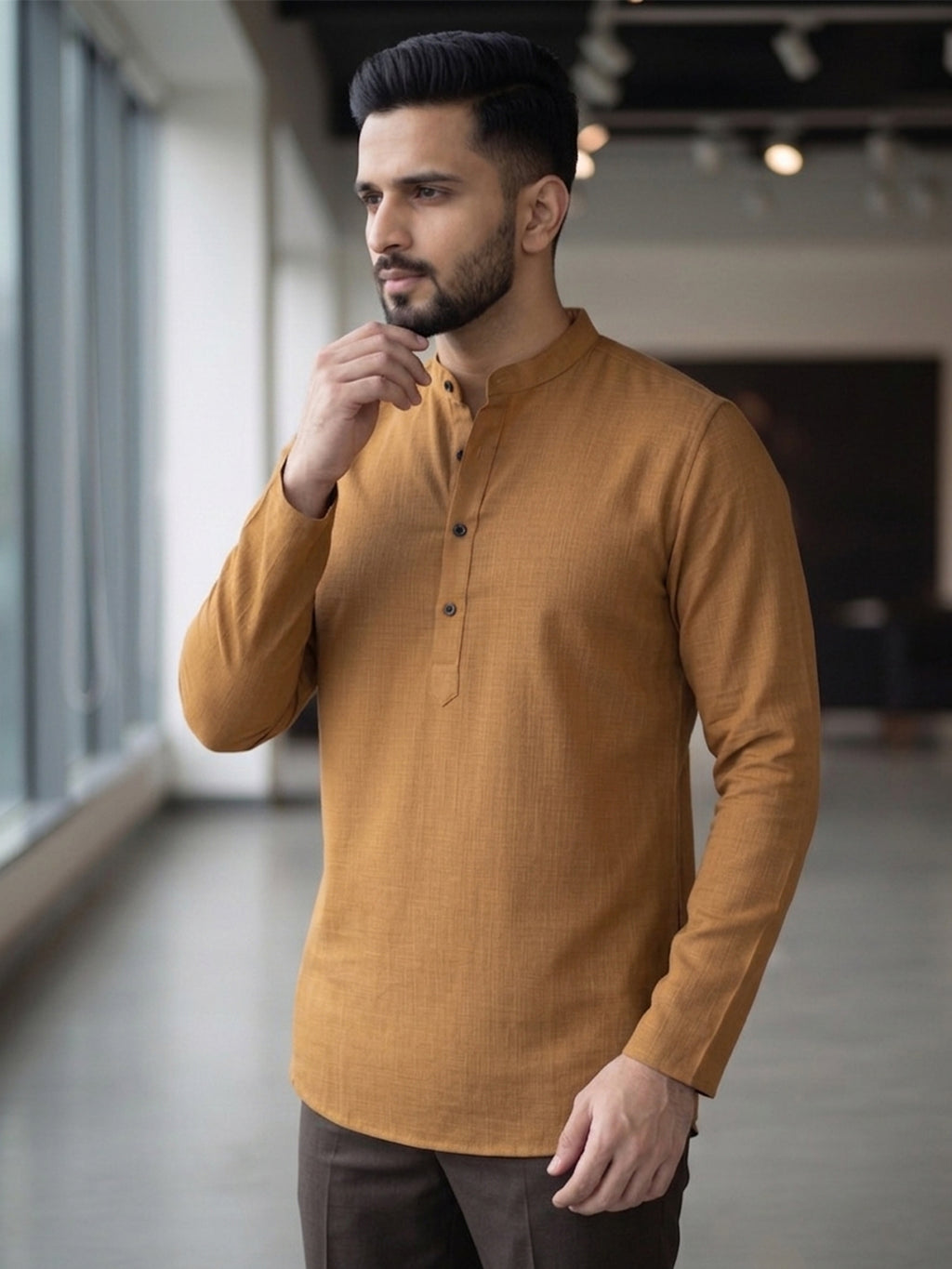 RAY LIGHT Men's Essential Solid Cotton Short Kurta – Sand Beige with Cuffless Sleeves