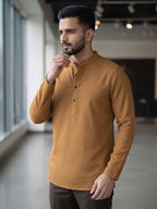 RAY LIGHT Men's Essential Solid Cotton Short Kurta – Sand Beige with Cuffless Sleeves