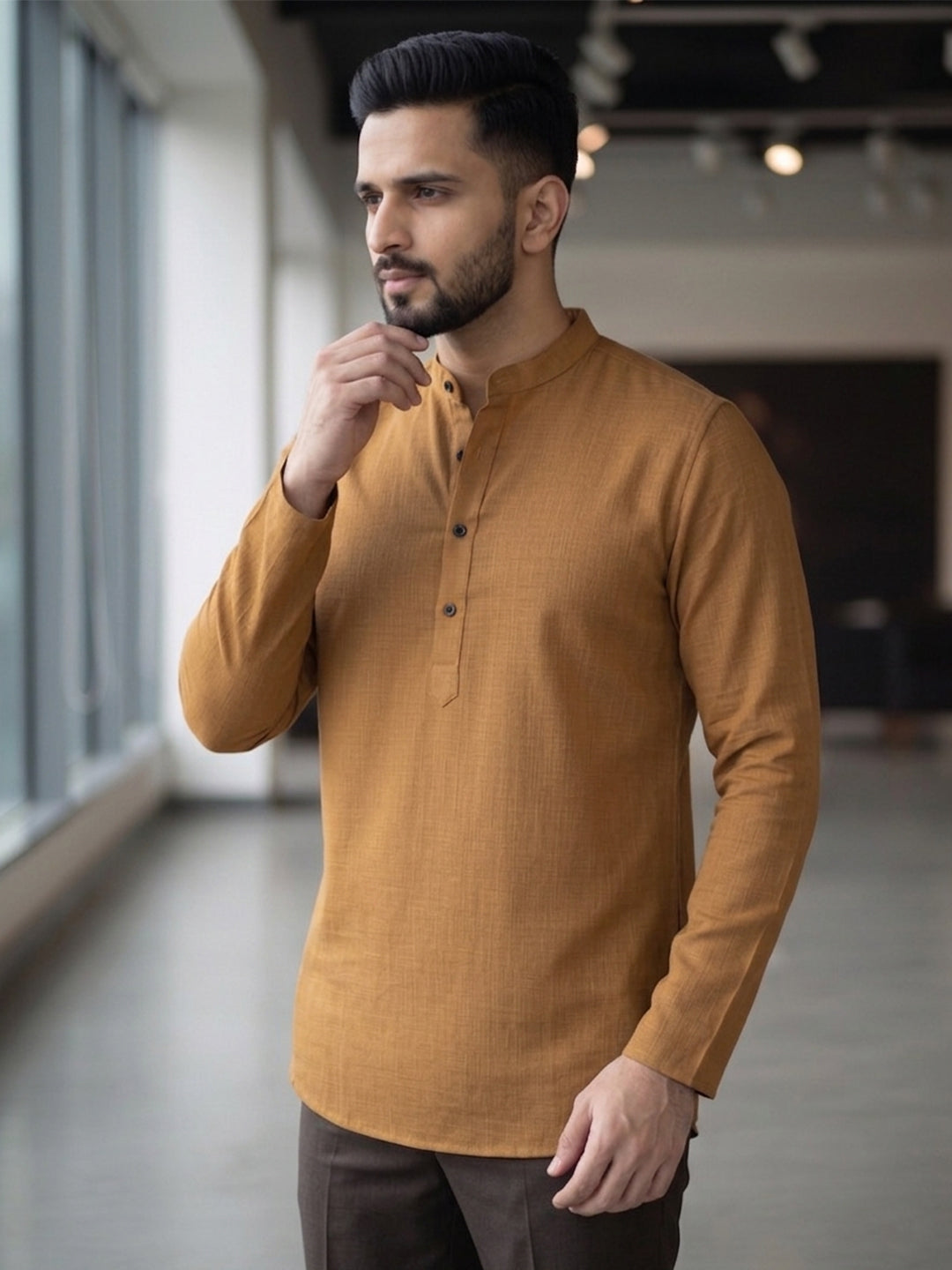 RAY LIGHT Men's Essential Solid Cotton Short Kurta – Sand Beige with Cuffless Sleeves