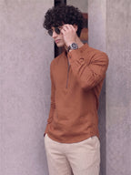 RAY LIGHT Men's Modern Zip-Neck Solid Cotton Short Kurta – Rust Brown