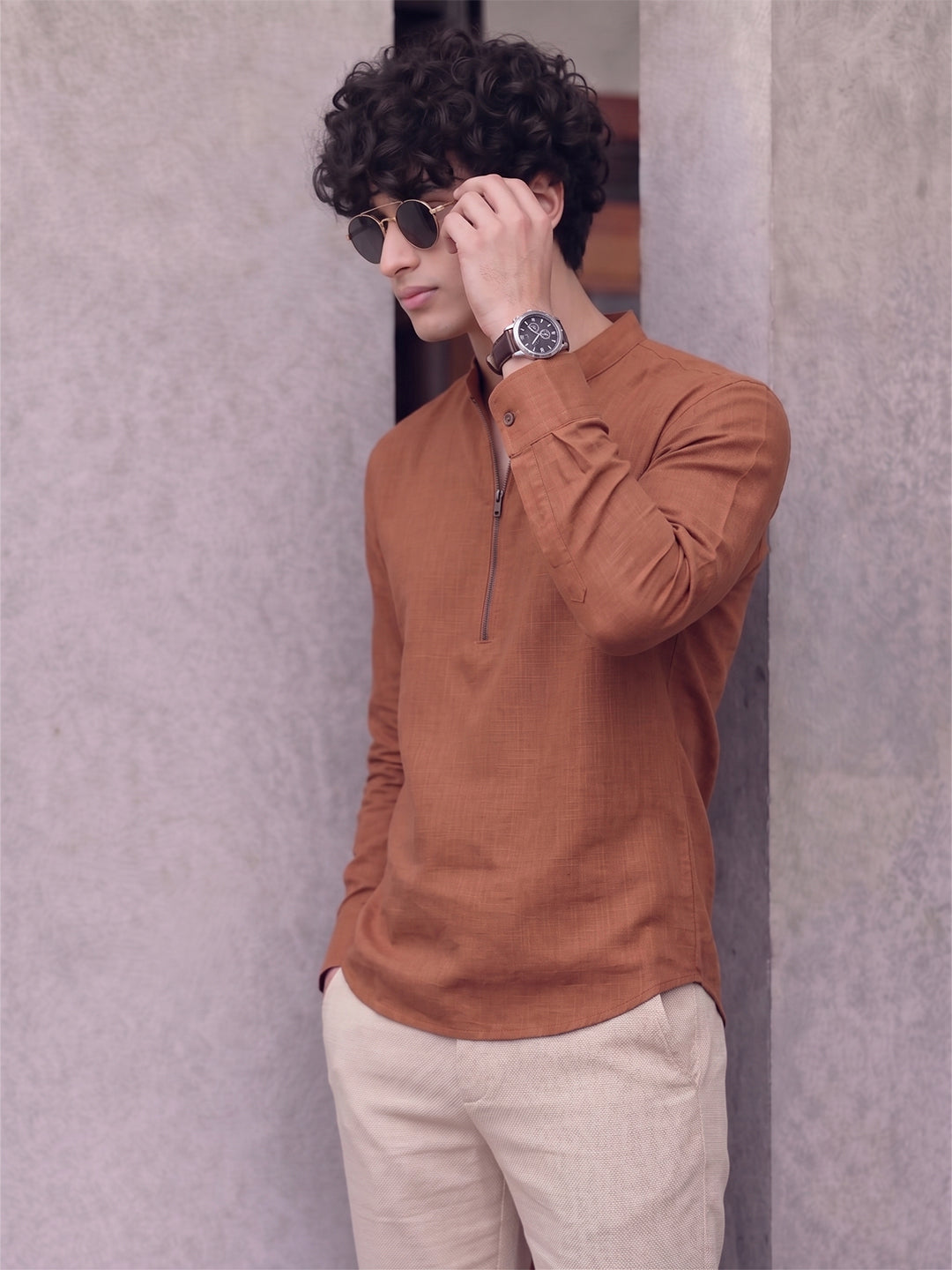RAY LIGHT Men's Modern Zip-Neck Solid Cotton Short Kurta – Rust Brown
