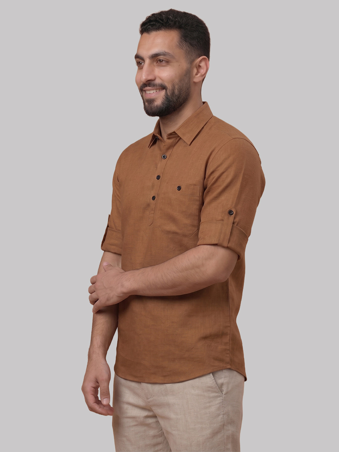RAY LIGHT Men's Essential Solid Cotton Short Kurta – Black with Roll-Up Sleeves