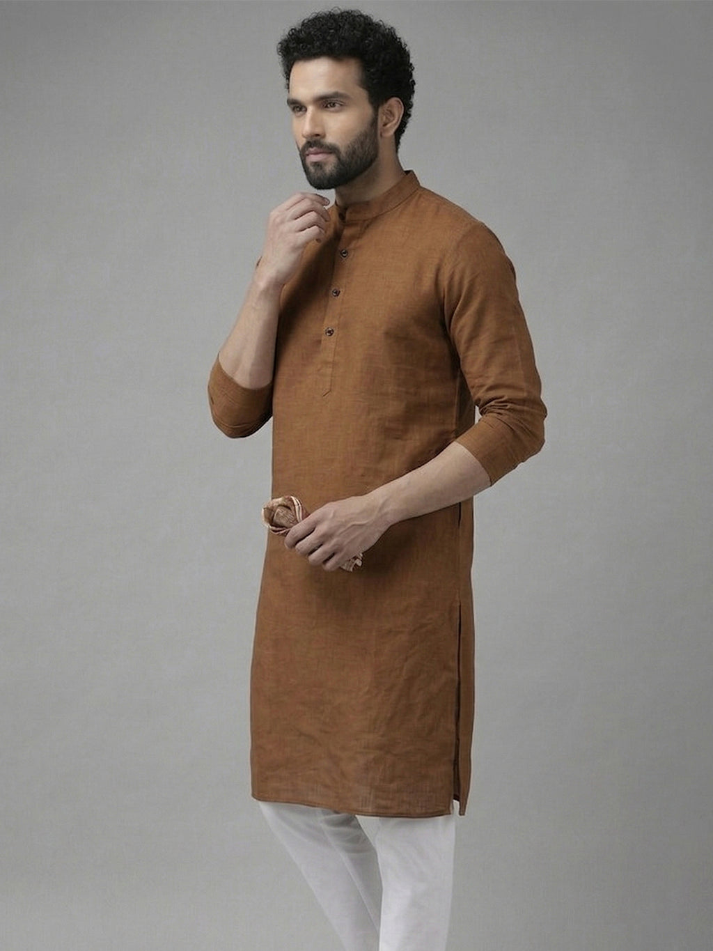 RAY LIGHT Men's Classic Solid Cotton Long Kurta – Dark Green with Dual Side Pockets