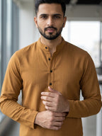 RAY LIGHT Men's Essential Solid Cotton Short Kurta – Sand Beige with Cuffless Sleeves