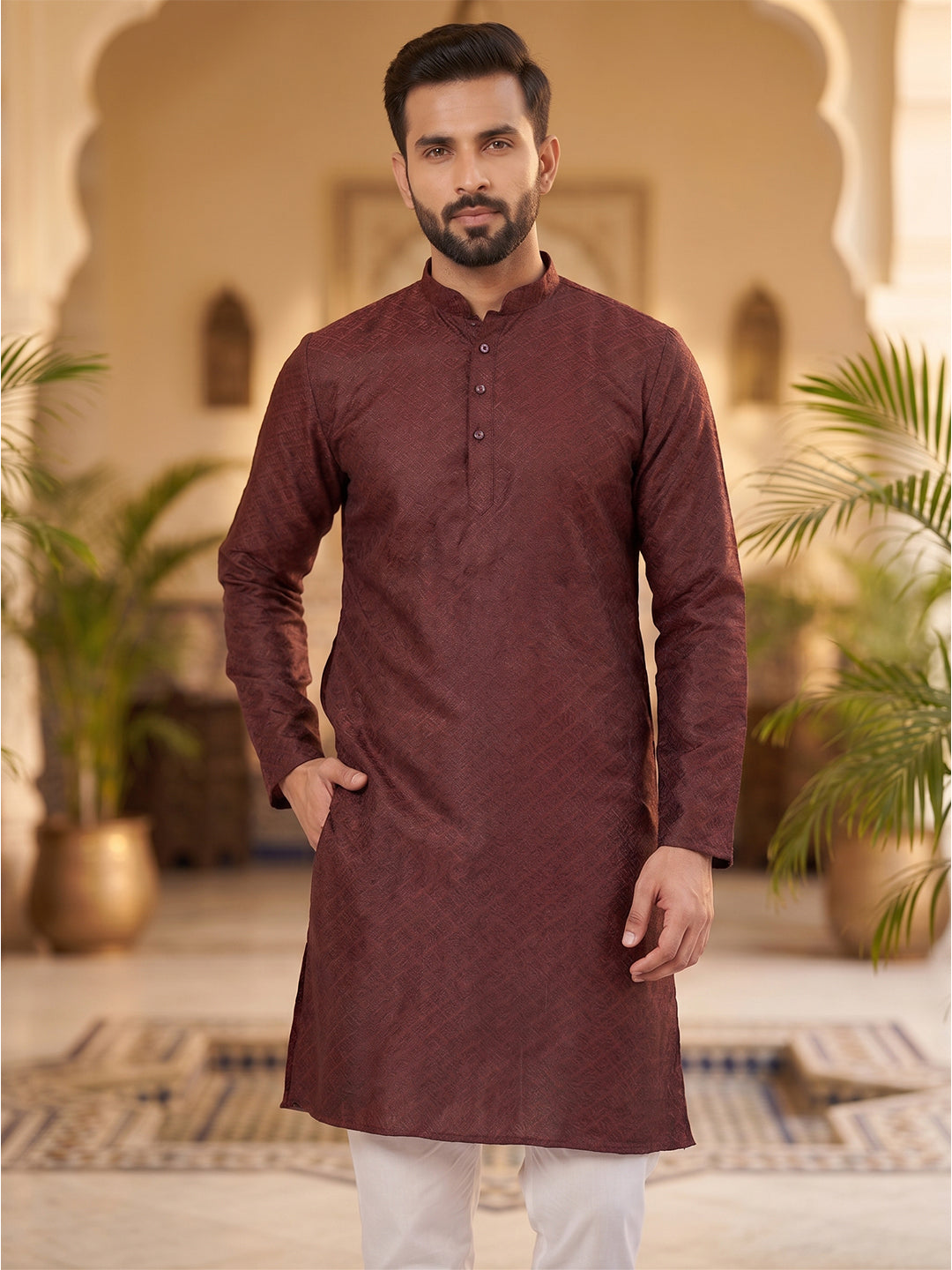 RAY LIGHT Men's Royal Jacquard Geometric Long Kurta – Deep Maroon