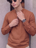 RAY LIGHT Men's Modern Zip-Neck Solid Cotton Short Kurta – Rust Brown