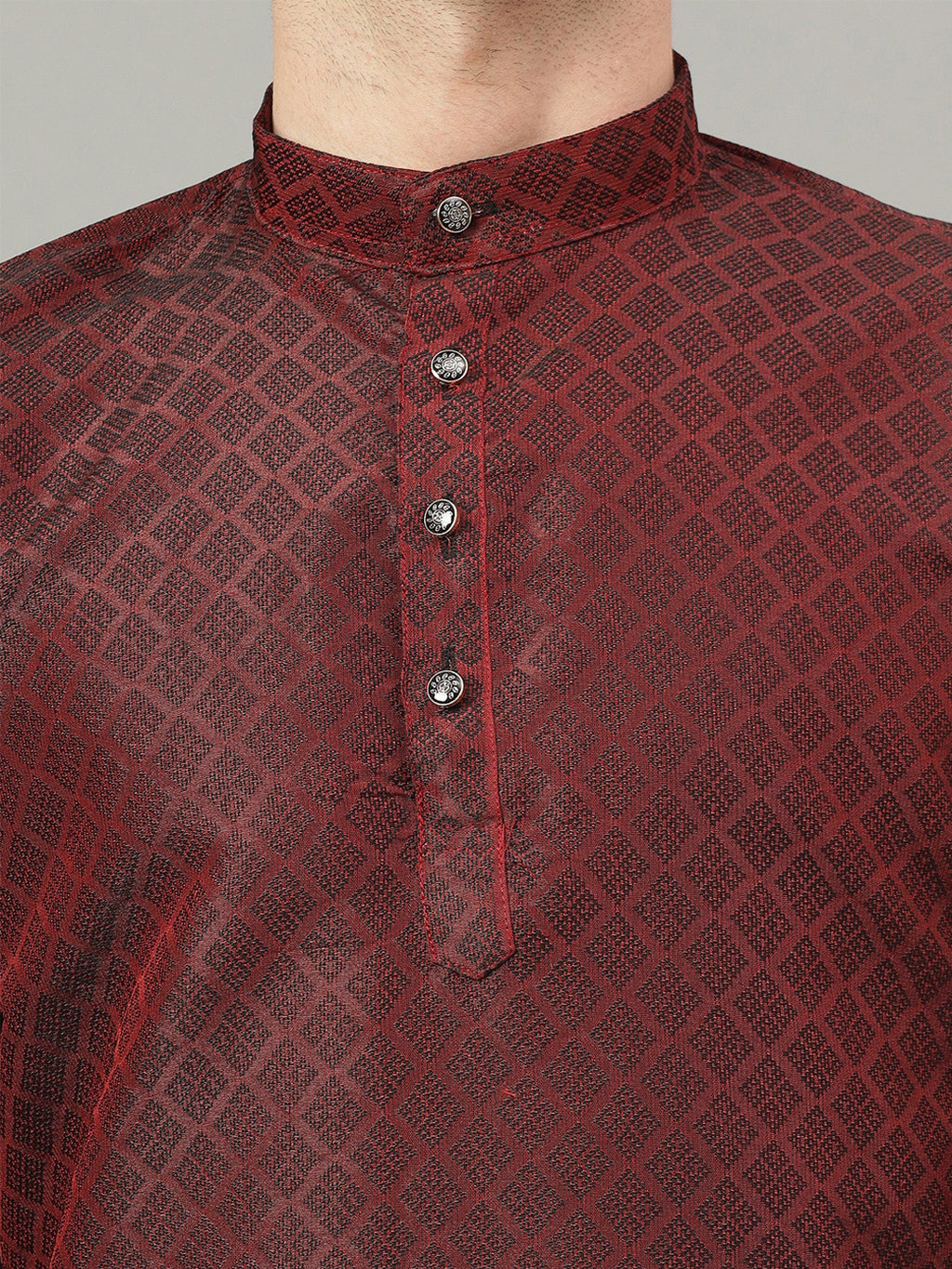 RAY LIGHT Men's Royal Jacquard Geometric Long Kurta – Deep Maroon