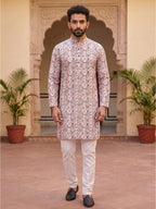 RAY LIGHT Men's Premium Crochet Fabric Geometric Long Kurta – Aqua Mint