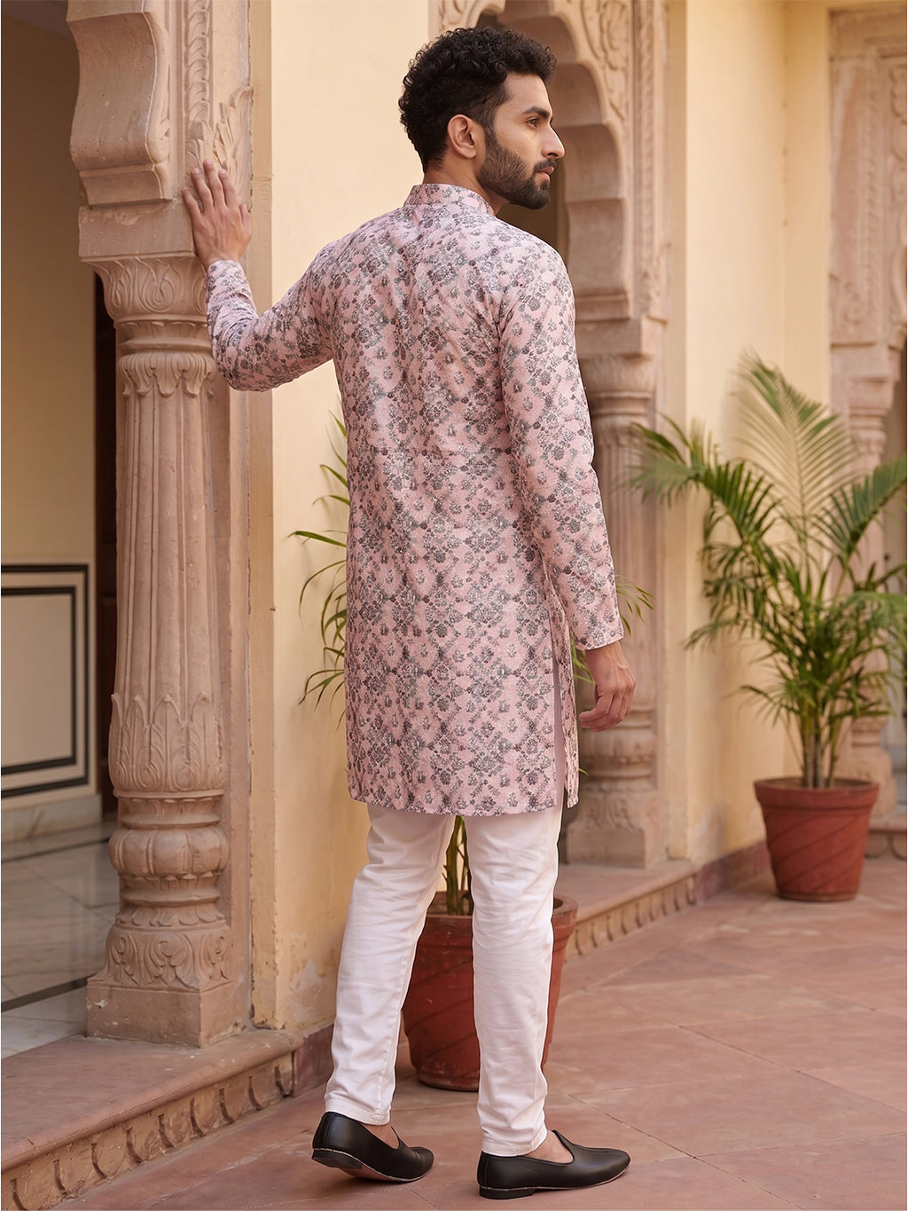 RAY LIGHT Men's Premium Crochet Fabric Geometric Long Kurta – Aqua Mint
