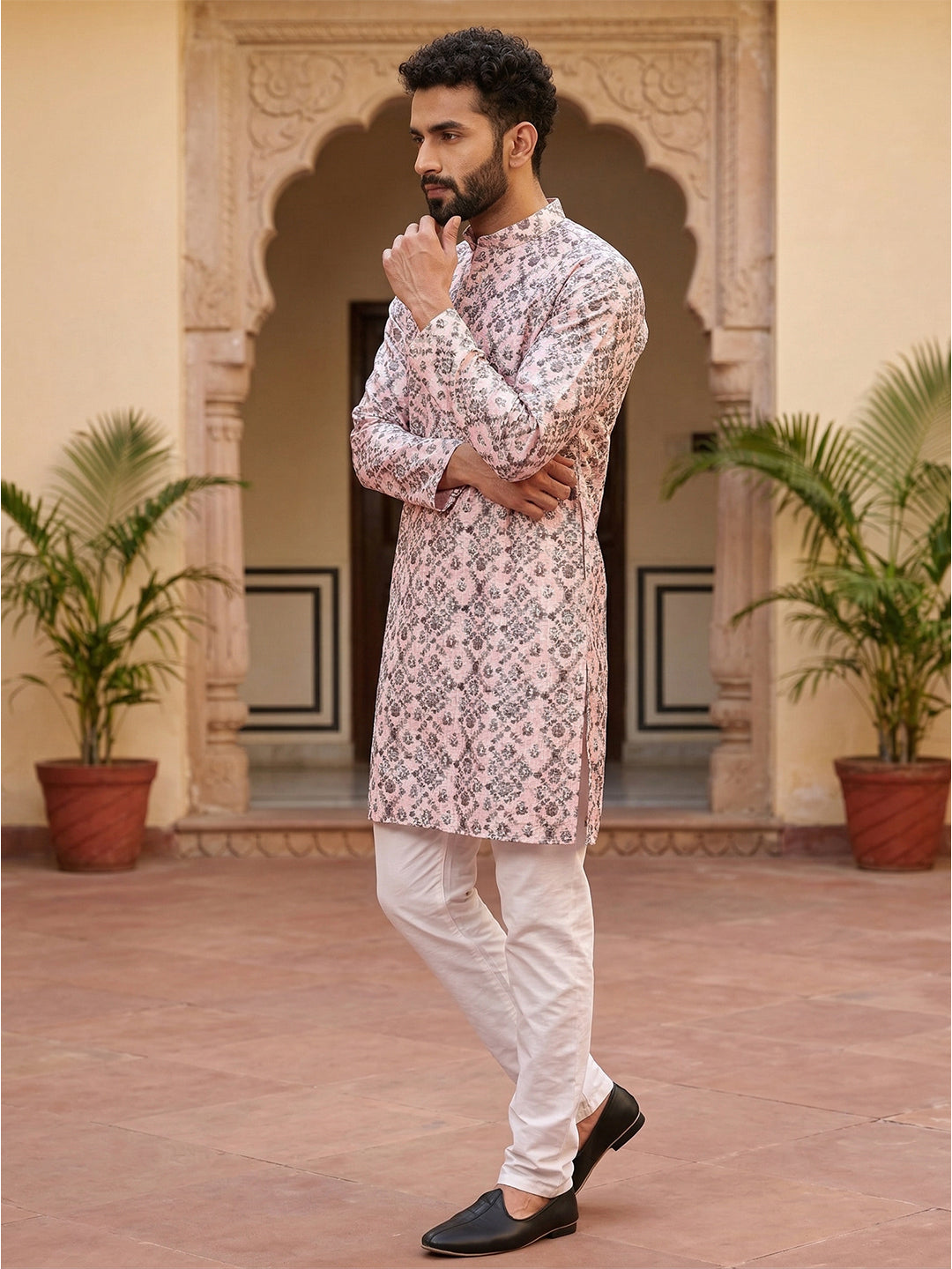 RAY LIGHT Men's Premium Crochet Fabric Geometric Long Kurta – Aqua Mint